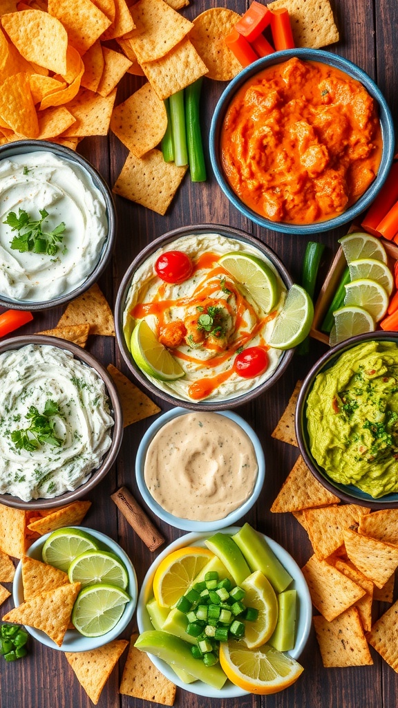 Colorful appetizer dips including spinach artichoke, buffalo chicken, and guacamole with tortilla chips and vegetables.